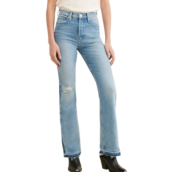 NEW Hudson Faye Jeans | Ultra High Rise Flare | Two-Tone Distressed Denim Sz 31 - Picture 4 of 16